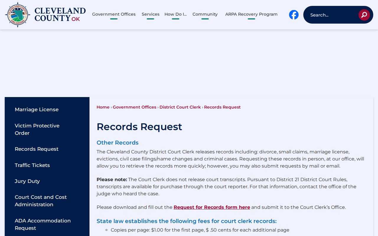 Norman residents directory Cleveland County Court Clerk records request and OSCN guidance