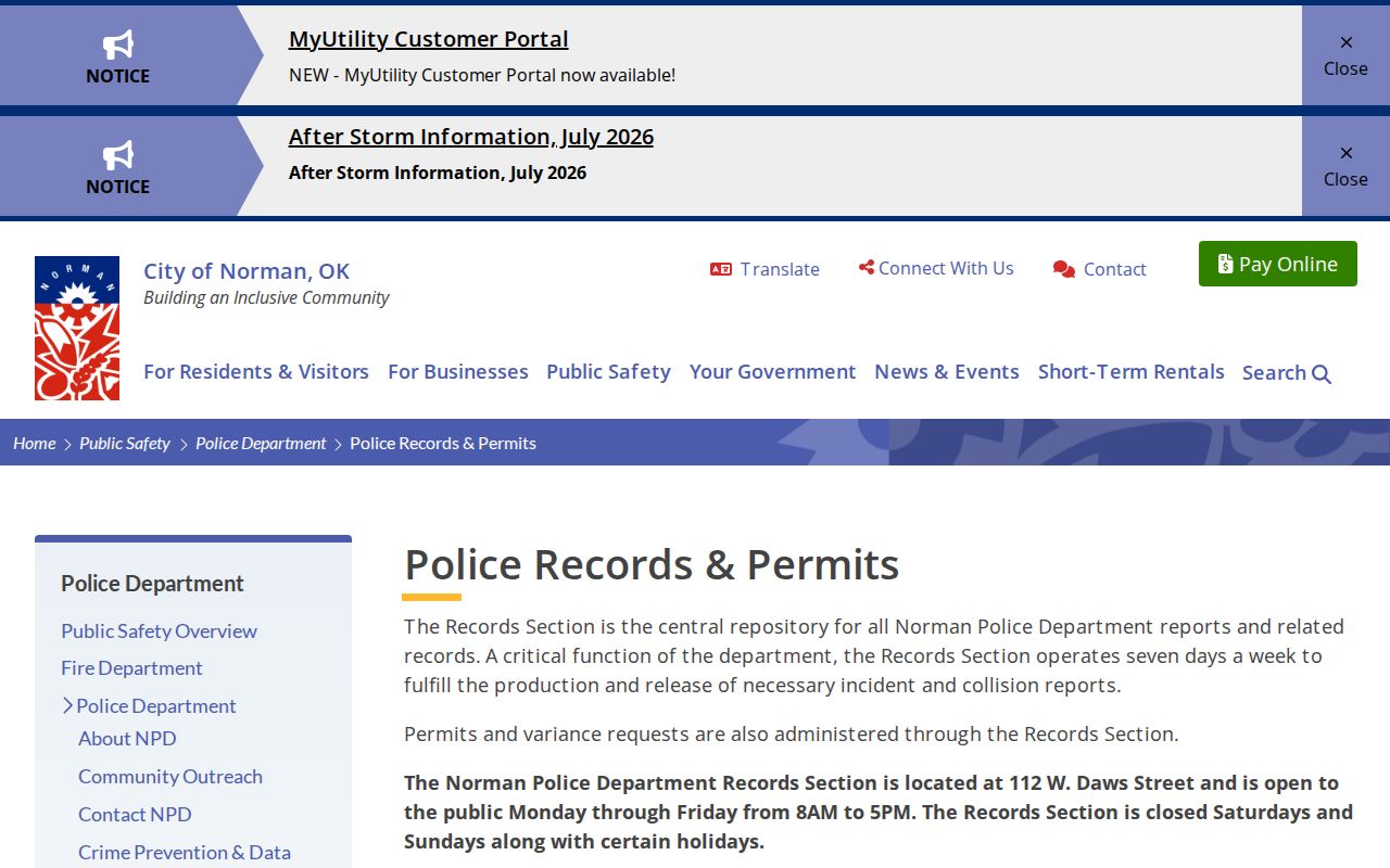 Norman residents directory Norman Police records request channels and fees